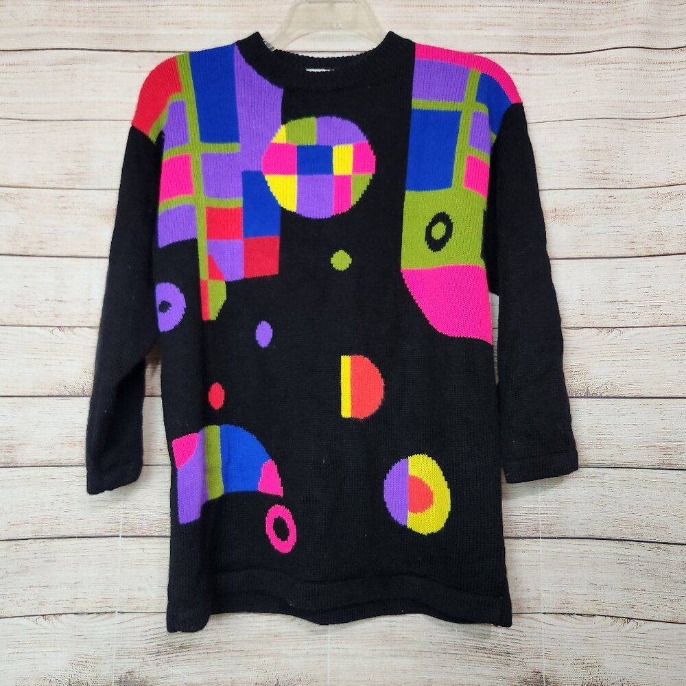 Vintage Y2K Diana Marco Sweater Size M Tribal Aztec Patchwork Plaid Abstract